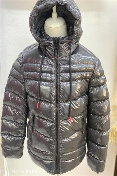 Stil-İst Unisex Çocuk Kapüşonlu Parlak Mont 7101 Gri