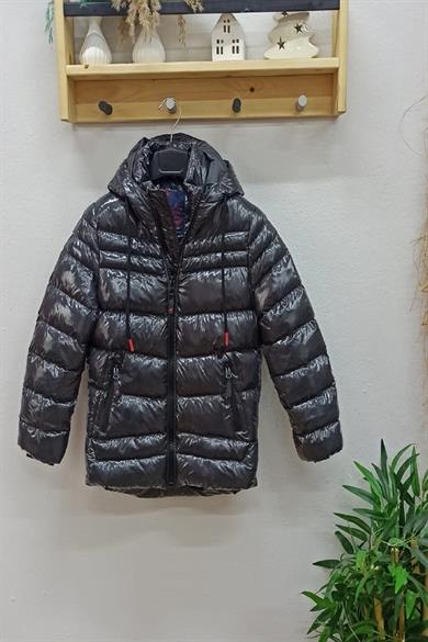 Stil-İst Unisex Çocuk Kapüşonlu Parlak Mont 7101 Gri