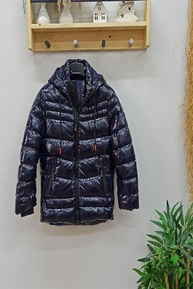 Stil-İst Unisex Çocuk Kapüşonlu Parlak Mont 7101 Lacivert