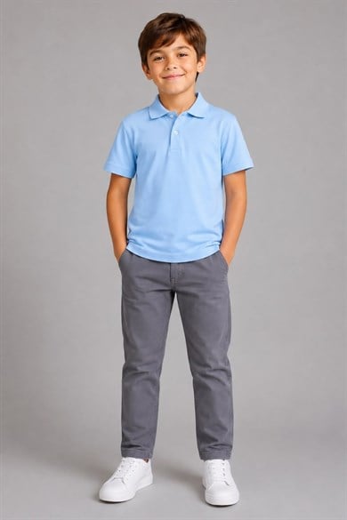 TR Unisex Çocuk Polo Yaka Kısa Kol Pamuklu Okul T-shirt Bebe Mavi