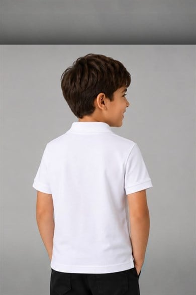 TR Unisex Çocuk Polo Yaka Kısa Kol Pamuklu Okul T-shirt Beyaz