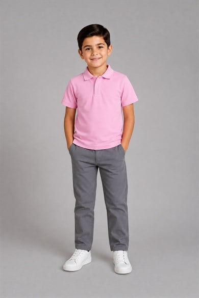 TR Unisex Çocuk Polo Yaka Kısa Kol Pamuklu Okul T-shirt Pembe