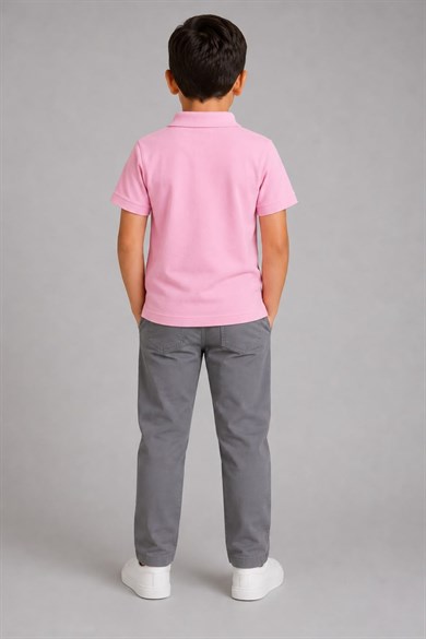 TR Unisex Çocuk Polo Yaka Kısa Kol Pamuklu Okul T-shirt Pembe