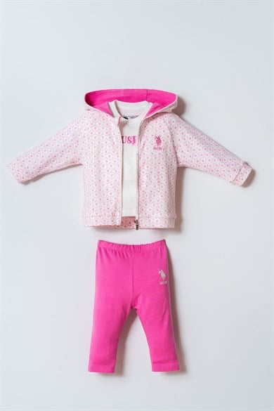 U.S Polo Kız Bebek 6 Ay -3 Yaş Desenli Üçlü Takım Pembe