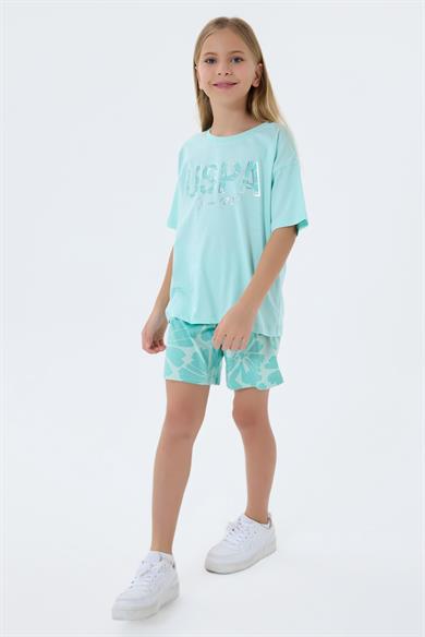 U.S. Polo Kız Çocuk 4-15 Yaş Logo Baskılı İkili Şortlu Takım Mint