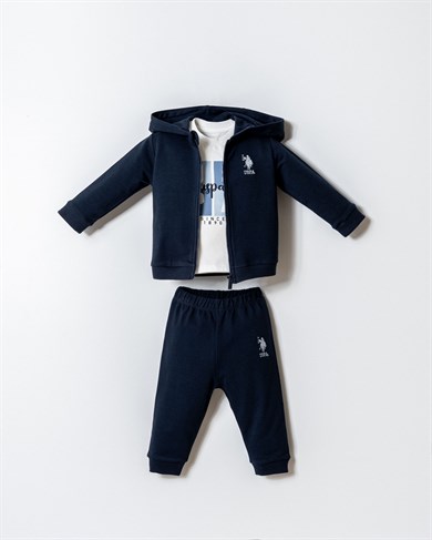 U.S. Polo Erkek Bebek 6 Ay- 3 Yaş Kapüşonlu Hırkalı Üçlü Takım Lacivert