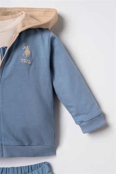 U.S. Polo Erkek Bebek 6 Ay-3 Yaş Baskılı Hırkalı Üçlü Takım İndigo