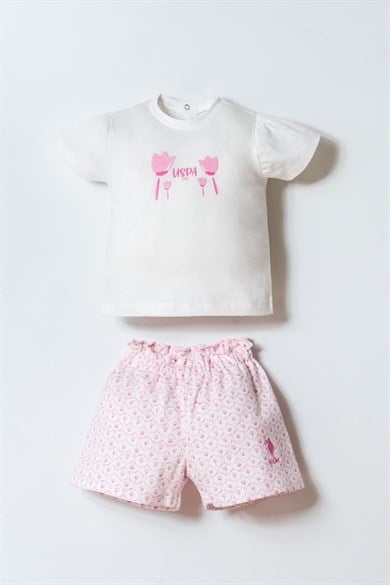U.S. Polo Kız Bebek 6 Ay-3 Yaş Lale Desen Şortlu Takım Beyaz