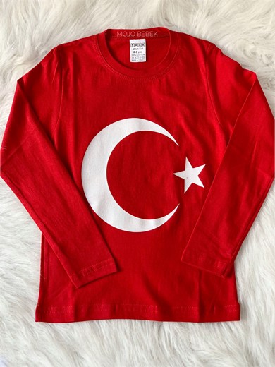 Unisex Çocuk 6-13 Yaş Türk Bayraklı Uzun Kol T-shirt Kırmızı