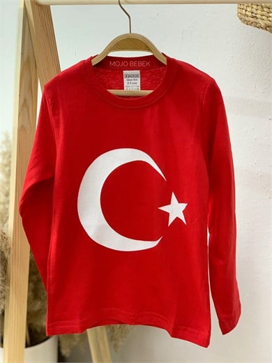 Unisex Çocuk 6-13 Yaş Türk Bayraklı Uzun Kol T-shirt Kırmızı