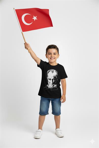 Unisex Çocuk Atatürk Baskılı Kısa Kol T-shirt 9034 Siyah