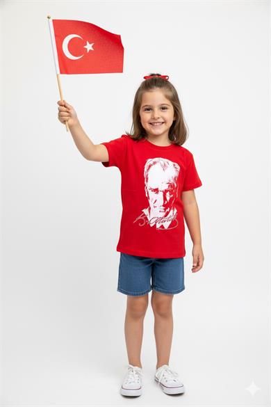 Unisex Çocuk Atatürk Baskılı Kısa Kol T-shirt 9034 Kırmızı