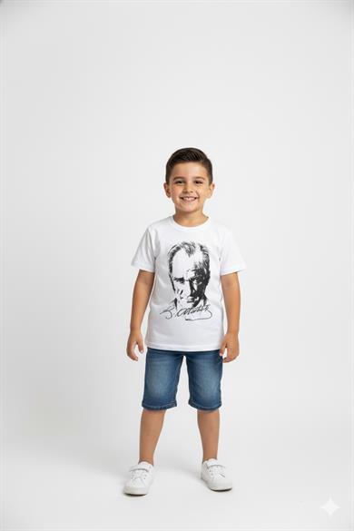Unisex Çocuk Atatürk Baskılı Kısa Kol T-shirt 9034 Beyaz