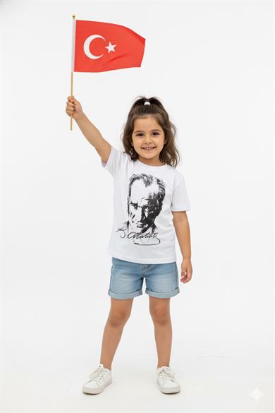 Unisex Çocuk Atatürk Baskılı Kısa Kol T-shirt 9034 Beyaz