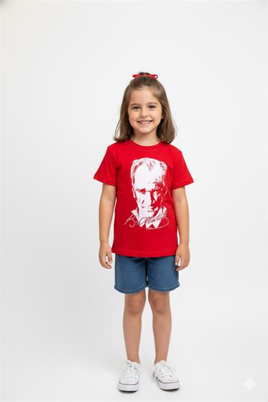 Unisex Çocuk Atatürk Baskılı Kısa Kol T-shirt 9034 Kırmızı