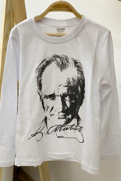 Unisex Çocuk Atatürk Baskılı Uzun Kol T-shirt 9032 Beyaz