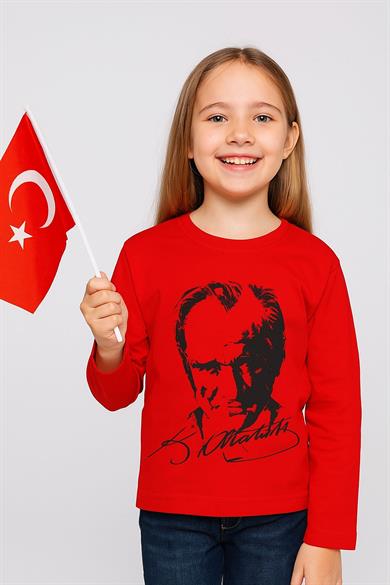 Unisex Çocuk Atatürk Baskılı Uzun Kol T-shirt 9032 Siyah-Kırmızı