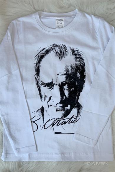 Unisex Çocuk Atatürk Baskılı Uzun Kol T-shirt 9032 Beyaz