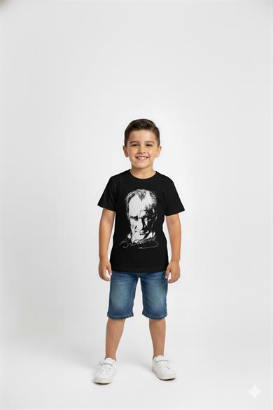 Unisex Garson Çocuk Atatürk Baskılı Kısa Kol T-shirt 9435 Siyah