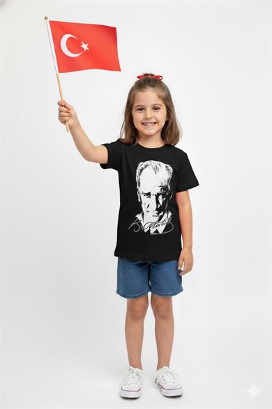 Unisex Garson Çocuk Atatürk Baskılı Kısa Kol T-shirt 9435 Siyah