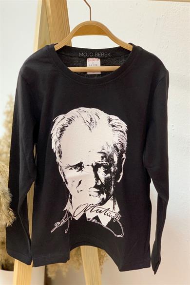 Unisex Garson Çocuk Atatürk Baskılı Uzun Kol T-shirt 9033 Siyah