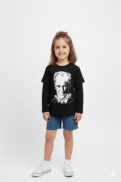 Unisex Garson Çocuk Atatürk Baskılı Uzun Kol T-shirt 9033 Siyah