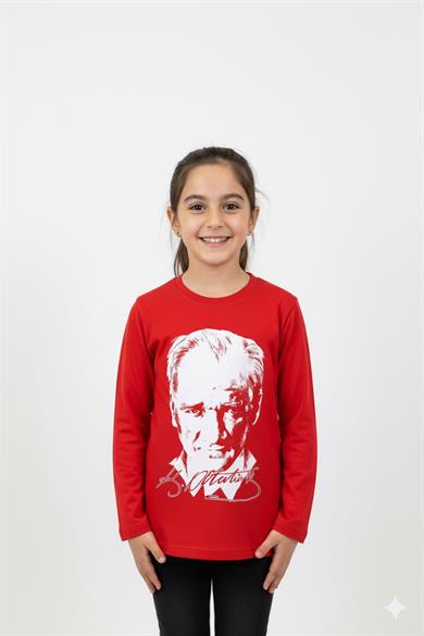 Unisex Garson Çocuk Atatürk Baskılı Uzun Kol T-shirt 9033 Kırmızı