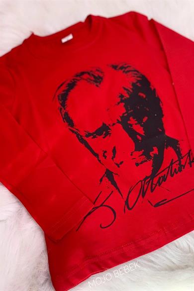 Unisex Garson Çocuk Atatürk Baskılı Uzun Kol T-shirt 9033 Siyah-Kırmızı