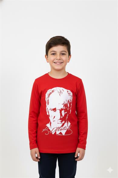 Unisex Garson Çocuk Atatürk Baskılı Uzun Kol T-shirt 9033 Kırmızı