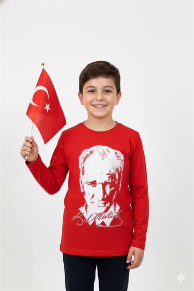 Unisex Garson Çocuk Atatürk Baskılı Uzun Kol T-shirt 9033 Kırmızı