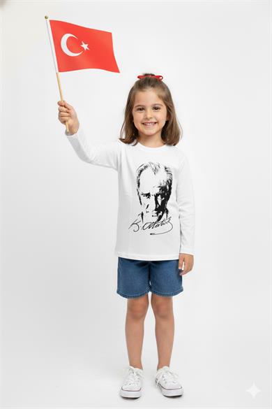 Unisex Garson Çocuk Atatürk Baskılı Uzun Kol T-shirt 9033 Beyaz