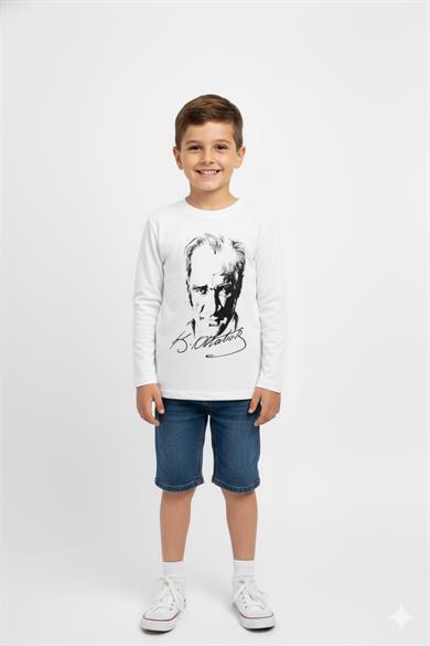 Unisex Garson Çocuk Atatürk Baskılı Uzun Kol T-shirt 9033 Beyaz