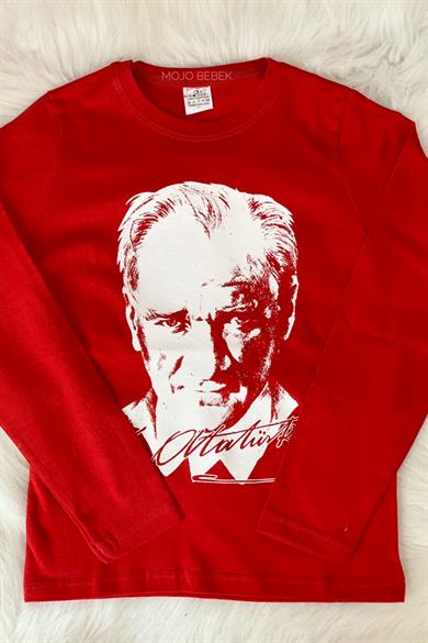 Unisex Garson Çocuk Atatürk Baskılı Uzun Kol T-shirt 9033 Kırmızı