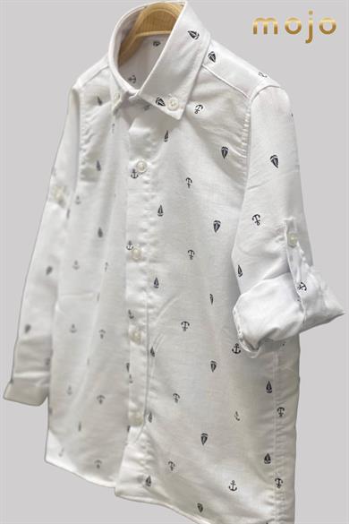 Woorage Erkek Bebek 1-5 Yaş Desenli Katlamalı Kol Gömlek 4015 Beyaz