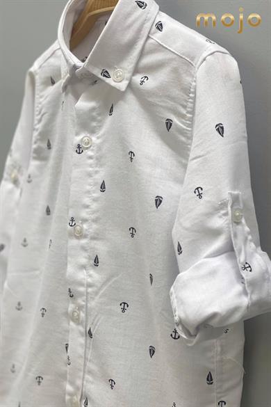 Woorage Erkek Bebek 1-5 Yaş Desenli Katlamalı Kol Gömlek 4015 Beyaz