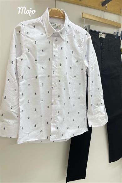 Woorage Erkek Çocuk 5-14 Yaş Çapa ve Gemi Desenli Gömek 4019 Beyaz