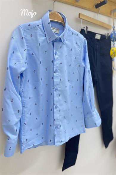 Woorage Erkek Çocuk 5-14 Yaş Çapa ve Gemi Desenli Gömek 4019 Mavi