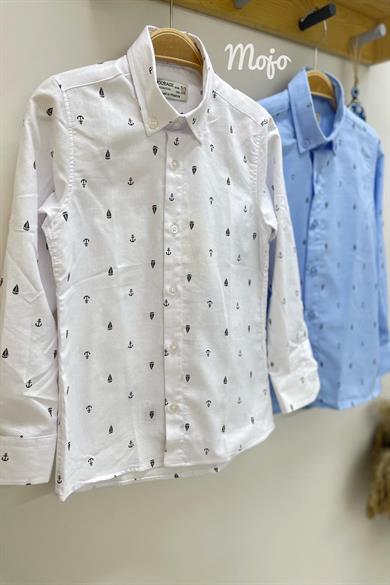 Woorage Erkek Çocuk 5-14 Yaş Çapa ve Gemi Desenli Gömek 4019 Beyaz