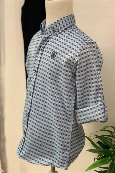 Woorage Erkek Çocuk Desenli Katlamalı Kol Gömlek 3800 Mavi