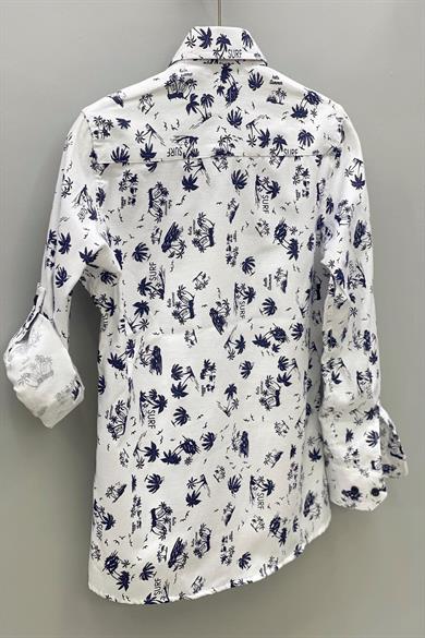 Woorage Erkek Çocuk Desenli Katlamalı Kol Gömlek 4016 Beyaz