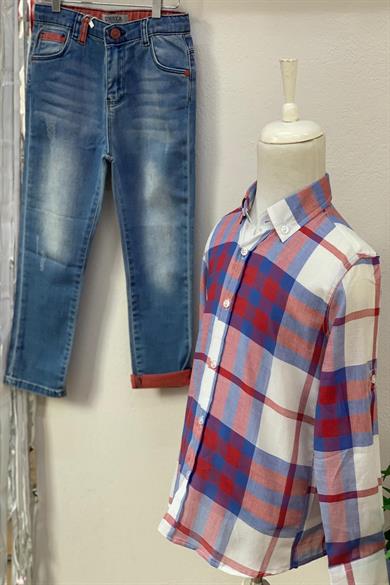 Woorage Erkek Çocuk Desenli Katlamalı Kol Gömlek 4016 Kırmızı