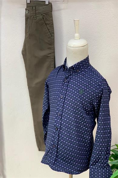 Woorage Erkek Çocuk Desenli Katlamalı Kol Gömlek 3800 Lacivert