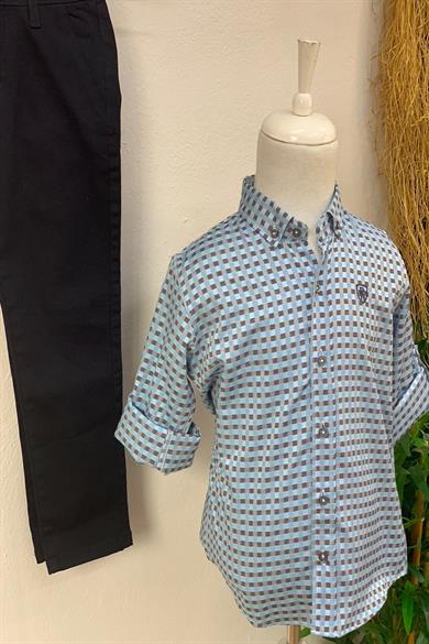 Woorage Erkek Çocuk Desenli Katlamalı Kol Gömlek 3800 Mavi