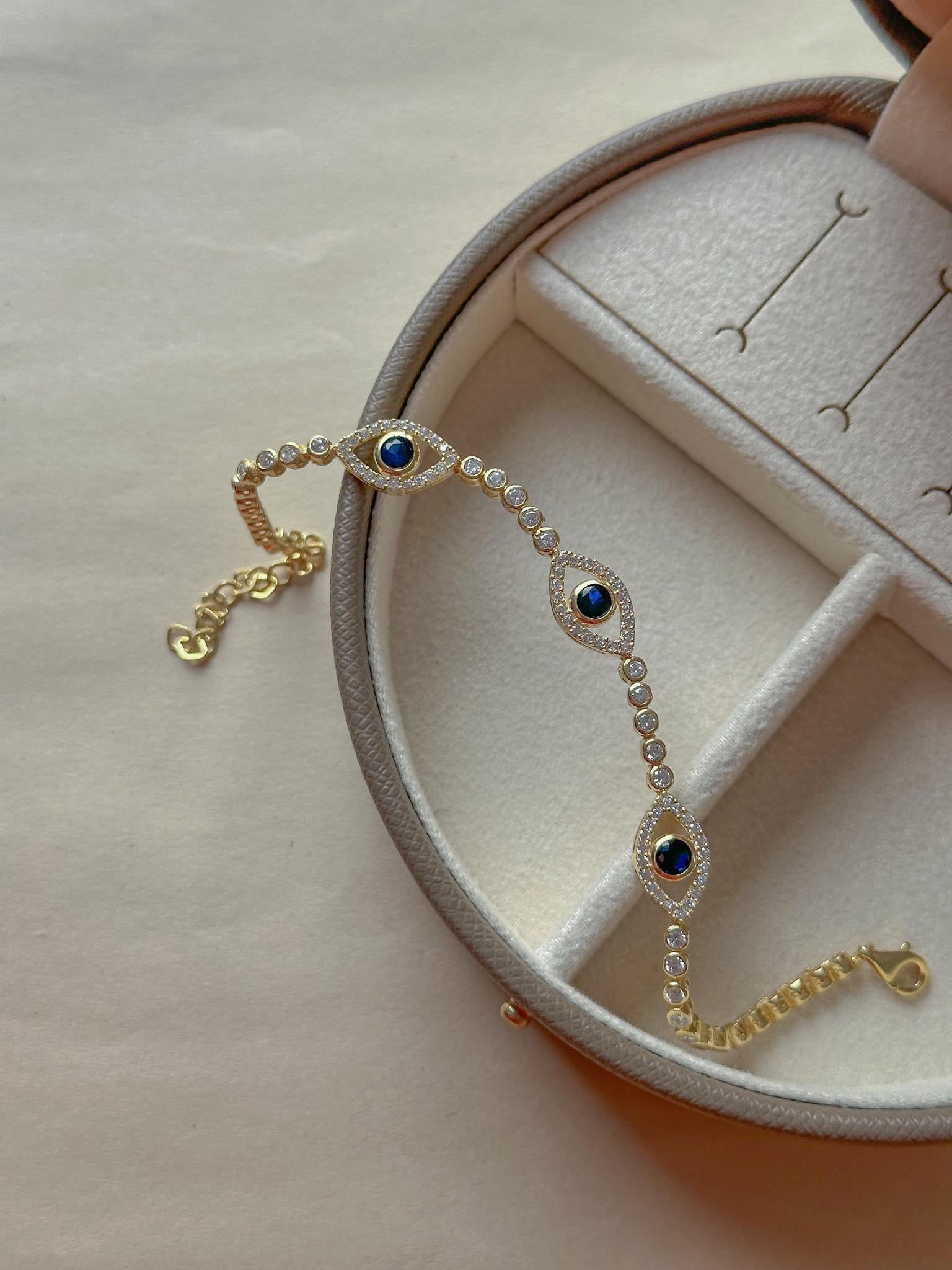 3lü Göz Figürlü Taşlı Bileklik - TEK  - 925 Ayar Gümüş