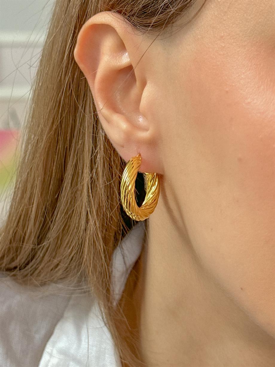 Çizgili Halka Küpe - Tek - 925 Ayar Gümüş