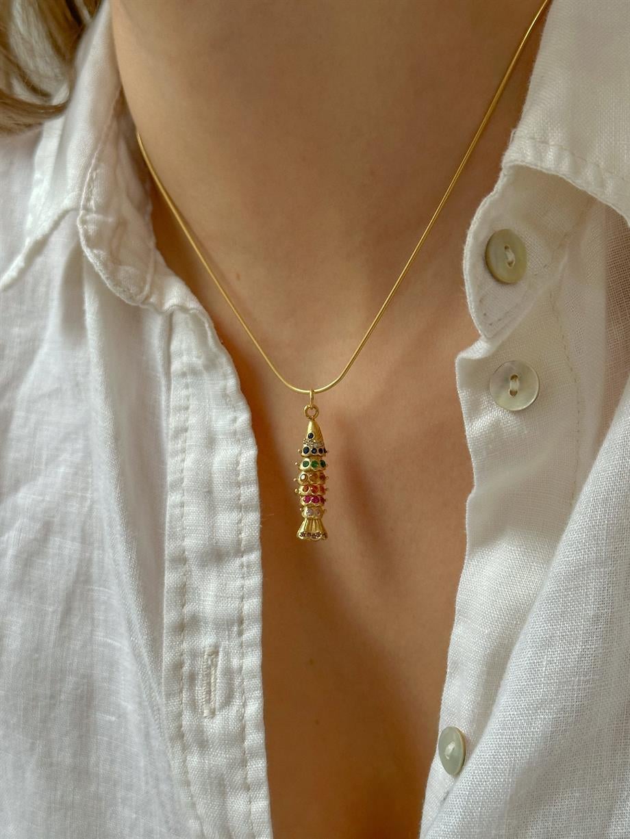 Hareketli Renkli Taşlı Balık Kolye - 925 Ayar Gümüş