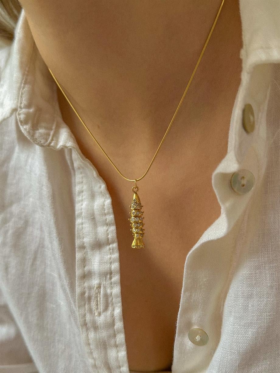 Hareketli Taşlı Balık Kolye - 925 Ayar Gümüş