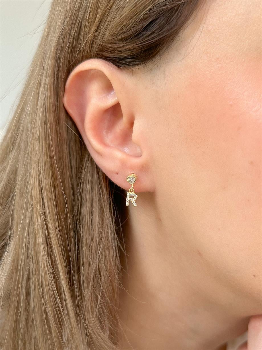 Kalp Taşlı Harf Küpe - Tek - 925 Ayar Gümüş