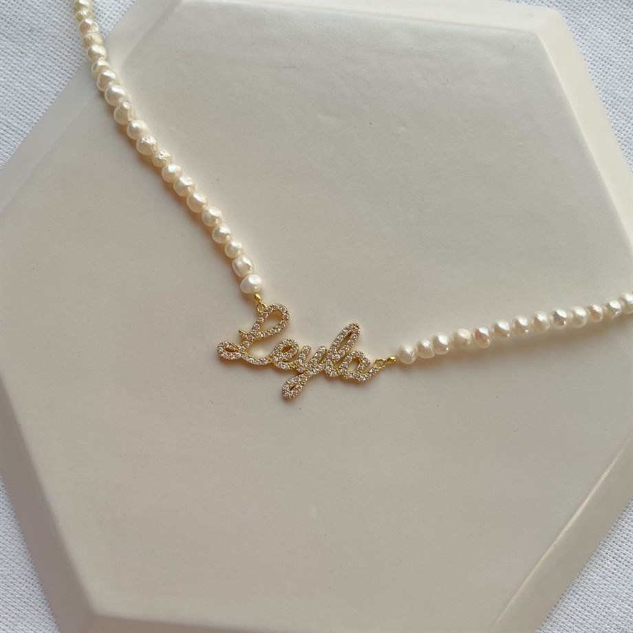 Kişiye Özel Zircon Taşlı İnci İsim Kolye - 925 Ayar Gümüş