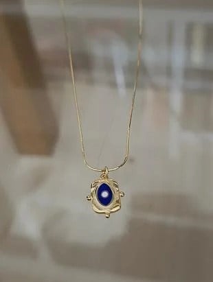 Lacivert Mineli Dikey Göz Plaka Kolye - 925 Ayar Gümüş 